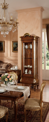 Luxury Baroque Wooden Glass Display Cabinet in Gold Accent with Sculpted Crest & Curved Storage Base Lifestyle View by Luxury Group International