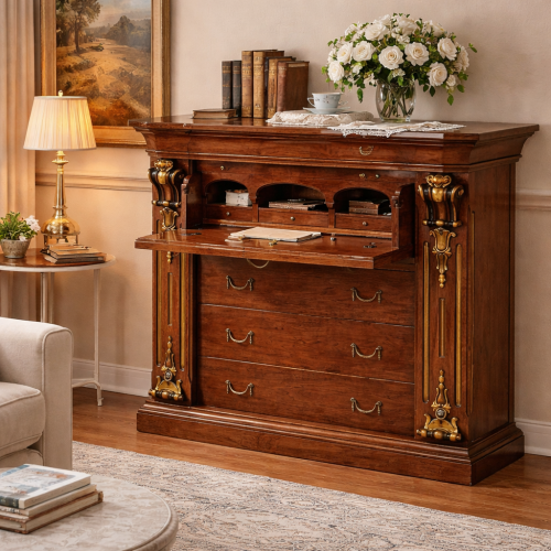 Cómoda Secretaria de Madera Barroca de Lujo con Escritorio Abatible y Almacenamiento de Múltiples Cajones - Muebles para Dormitorio Vista lifestyle por Luxury Group International