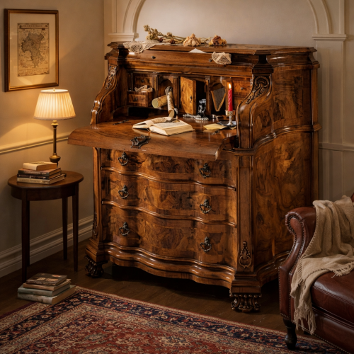 Luxus Barocker Holzsekretär-Kommodenschrank mit Klappschreibtisch und Geschwungenem Mehrfach-Schubladenspeicher Lifestyle-Ansicht von Luxury Group International