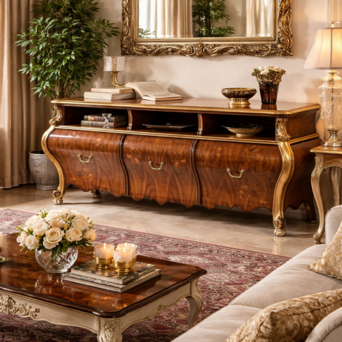 Luxury Baroque Wooden Sideboard in Gold Accent with Multi Open Display Shelves & Curved Storage Drawers Lifestyle View by Luxury Group International