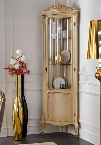 Luxury Baroque Wooden Single Door Corner Glass Showcase Cabinet with Sculpted Crown in Gold Finish Front View by Luxury Group International
