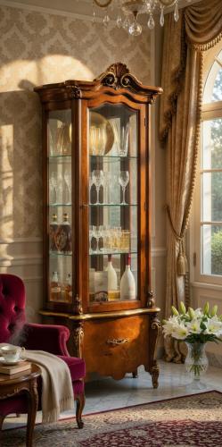 Luxury Baroque Wooden Single Door Glass Display Cabinet with Sculpted Crown Crest & Hand-Inlaid Drawer Base Lifestyle View by Luxury Group International