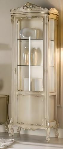 Luxury Baroque Wooden Single Door Glass Showcase Cabinet with Sculpted Crown in Ivory Finish Front View by Luxury Group International