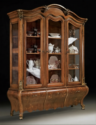 Luxury Baroque Wooden Triple Door Glass Display Cabinet with Sculpted Frame & Curved Storage Base Front View by Luxury Group International