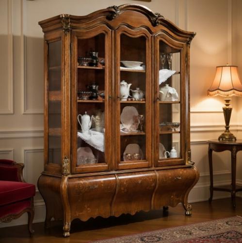 Luxury Baroque Wooden Triple Door Glass Display Cabinet with Sculpted Frame & Curved Storage Base Lifestyle View by Luxury Group International