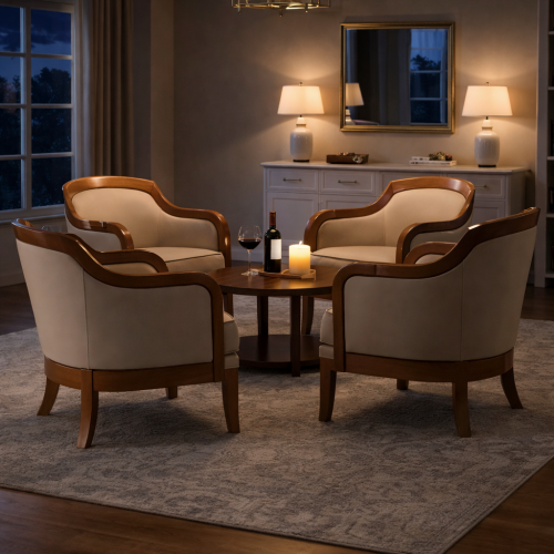 Poltrona da Pranzo di Lusso a Forma di Barile con Rivestimento Crema e Struttura in Legno - Mobili per Sala da Pranzo Vista lifestyle di Luxury Group International