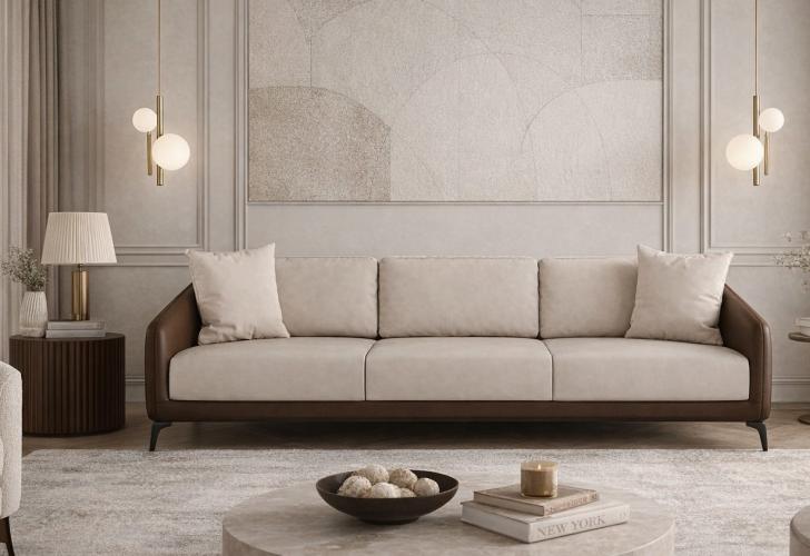 Luxury Beige & Brown 3 Seater Leather Frame Modern Designer Sofa – Luxury Sofa Lifestyle View by Luxury Group International