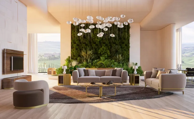 Luxury Beige Curved 3 Seater Golden Base Modern Designer Living Room Sofa - Luxury Sofa Lifestyle View by Luxury Group International