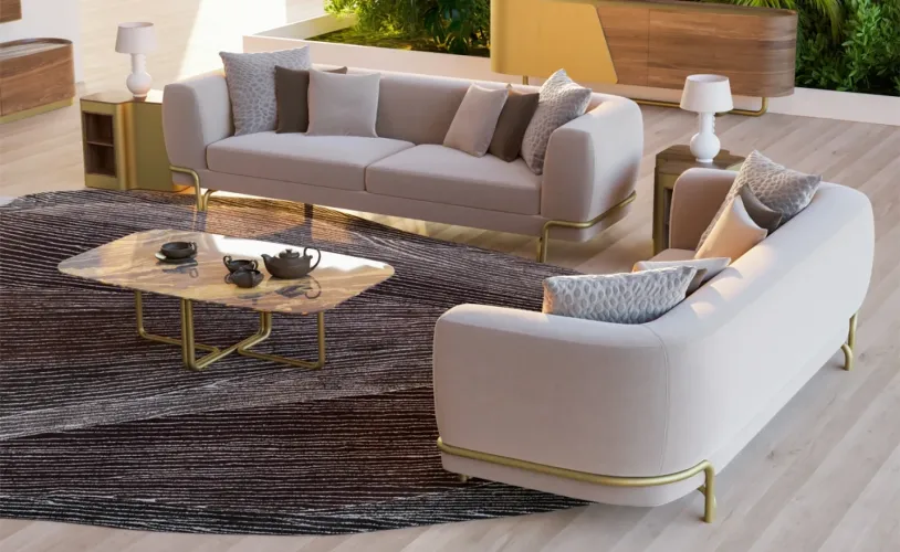 Luxury Beige Curved 3 Seater Golden Base Modern Designer Living Room Sofa - Luxury Sofa by Luxury Group International