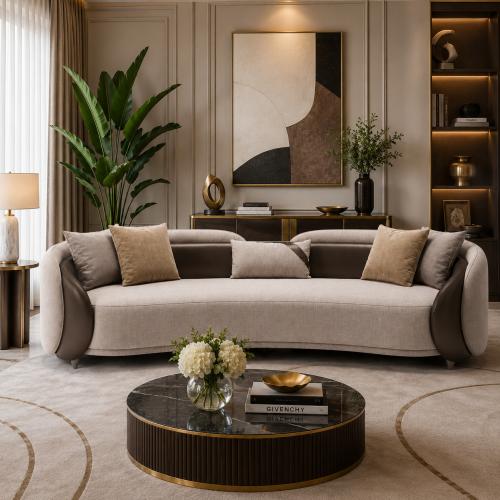 Luxus Beige Geschwungenes Ledersofa mit Skulpturalem Italienischem Zeitgenössischem Design von Luxury Group International