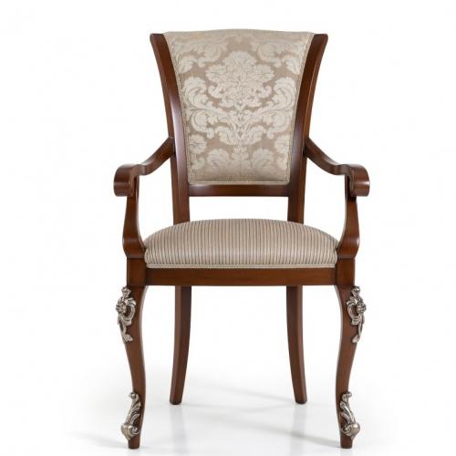 Luxury Beige Damask Upholstered Dining Armchair with Scroll Arms & Silver Sculpted Wooden Legs Front View by Luxury Group International