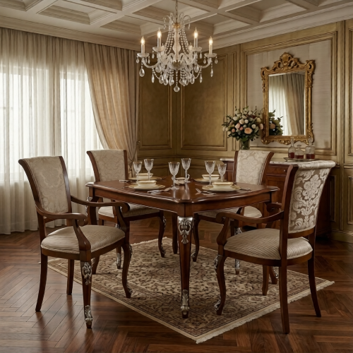 Luxury Beige Damask Upholstered Dining Armchair with Scroll Arms & Silver Sculpted Wooden Legs Lifestyle View by Luxury Group International