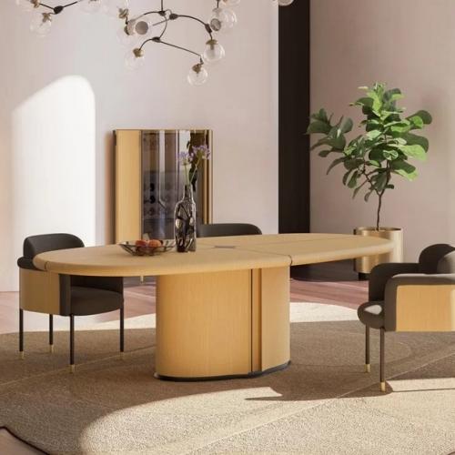 Luxury Beige Oval Oak Veneer Wooden Dining Table Lifestyle View by Luxury Group International