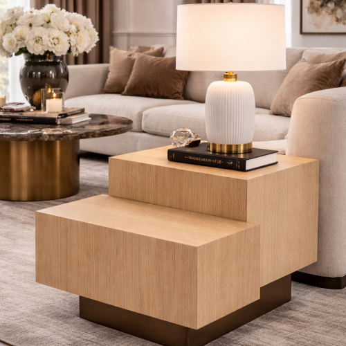 Luxury beige rectangular wooden side table in Natural oak veneer & bronze finish for home decor by Luxury Group International