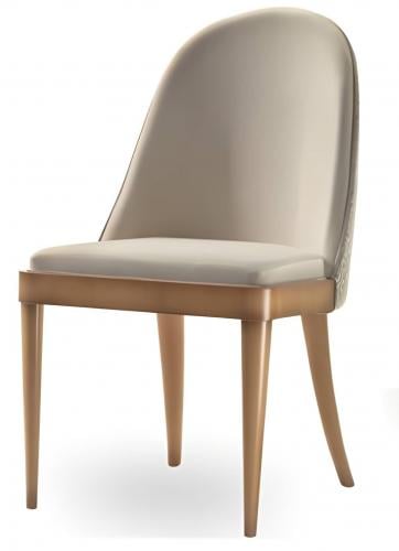 Luxuriöser beigefarbener gepolsterter Esszimmerstuhl mit geschwungener Rückenlehne und polierten Holzbeinen mit