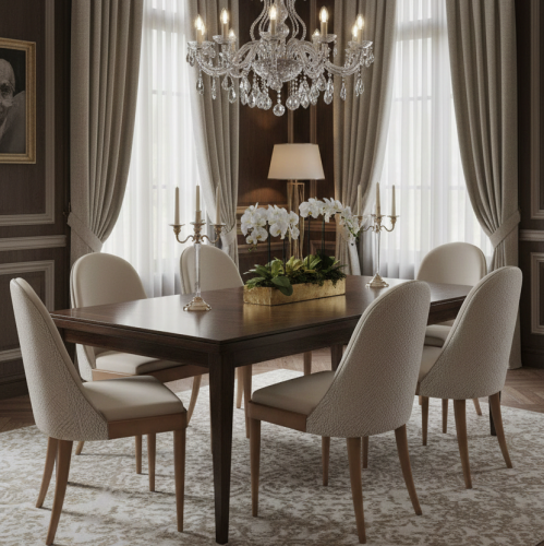 Luxury Beige Upholstered Curved Backrest Dining Chair in Polished Wooden Legs with Textured Pattern Back by Luxury Group International