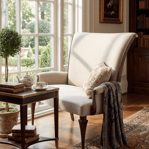 Divano di Lusso Beige Imbottito Curvo con Schienale Alto in Struttura in Legno Intagliato Vista lifestyle di Luxury Group International