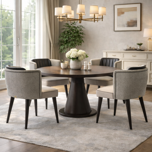 Luxury Beige Upholstered Dining Armchair with Fluted Leather Wrap Back and Tapered Dark Wood Legs by Luxury Group International