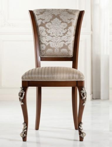 Luxury Beige Upholstered Dining Chair with Damask Fabric Backrest & Silver Sculpted Cabriole Wooden Legs Front View by Luxury Group International