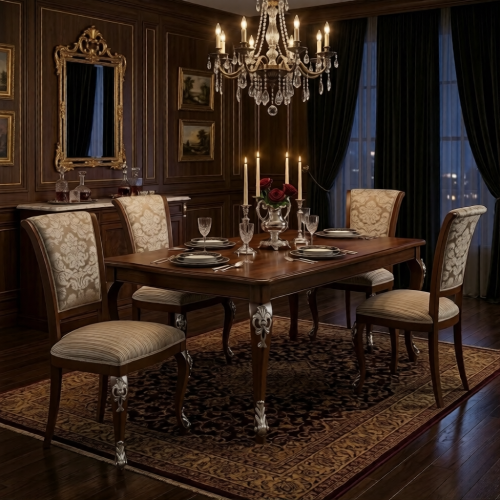 Luxury Beige Upholstered Dining Chair with Damask Fabric Backrest & Silver Sculpted Cabriole Wooden Legs Lifestyle View by Luxury Group International