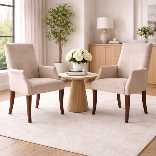 Luxury Beige Upholstered High Back Dining Armchair with Walnut Curved Legs by Luxury Group International