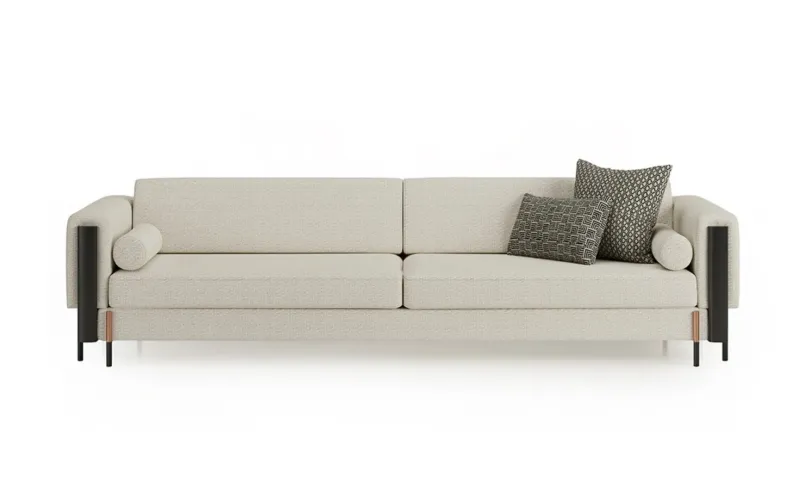 Luxury Beige Upholstered Modern Sofa with Black Metal Arm Accents & Designer Cushion Set-Luxury sofa Front View by Luxury Group International