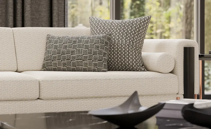 Luxury Beige Upholstered Modern Sofa with Black Metal Arm Accents & Designer Cushion Set-Luxury sofa by Luxury Group International