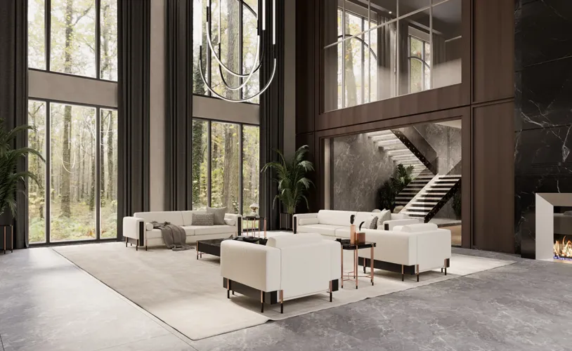 Luxury Beige Upholstered Modern Sofa with Black Metal Arm Accents & Designer Cushion Set-Luxury sofa by Luxury Group International