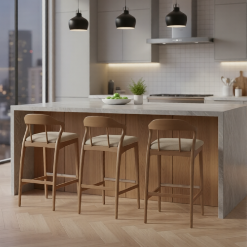 Tabouret de bar luxueux beige rembourré avec dossier incurvé en cadre en bois et repose-pieds poli par Luxury Group International