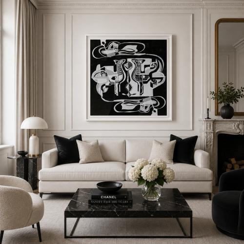 Luxus Schwarz-Weiß Kubistische Abstrakte Wandkunst mit Zeitgenössischem Weißem Rahmen von Luxury Group International