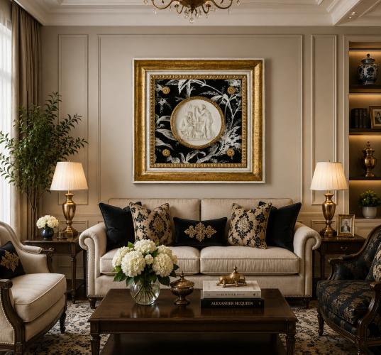 Luxus Schwarze Botanische Medaillon-Wandkunst mit Antikgold-Rahmen und Reliefdesign von Luxury Group International