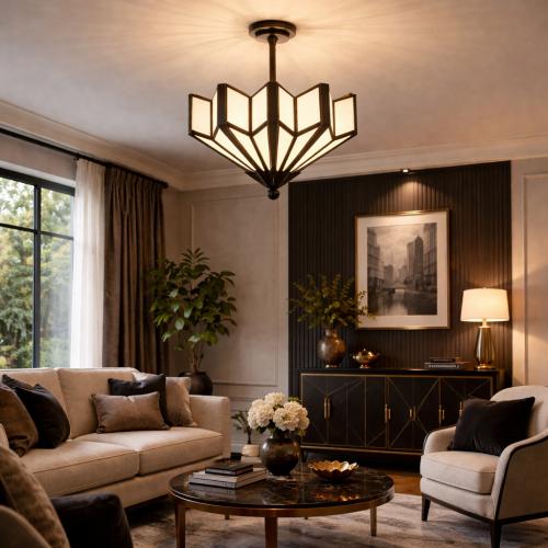 Luxus Pendelleuchte mit rundem Blumenmuster und schwarzem Bronze-Rahmen – Art Deco Deckenleuchte von Luxury Group International