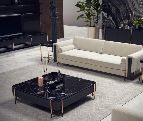 Table basse noire de luxe avec plateau en marbre noir et pieds en cuivre 124x124x35 cm par Luxury Group International