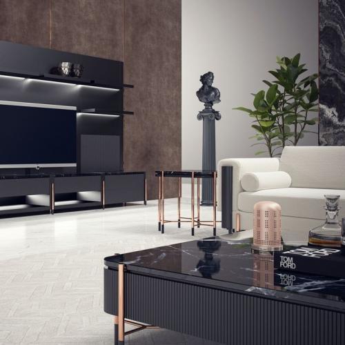 Table basse noire de luxe avec plateau en marbre noir et pieds en cuivre 124x124x35 cm par Luxury Group International