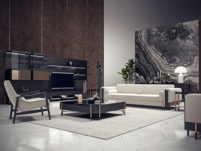 Table basse noire de luxe avec plateau en marbre noir et pieds en cuivre 124x124x35 cm par Luxury Group International