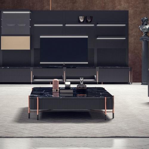 Table basse noire de luxe avec plateau en marbre noir et pieds en cuivre 124x124x35 cm par Luxury Group International