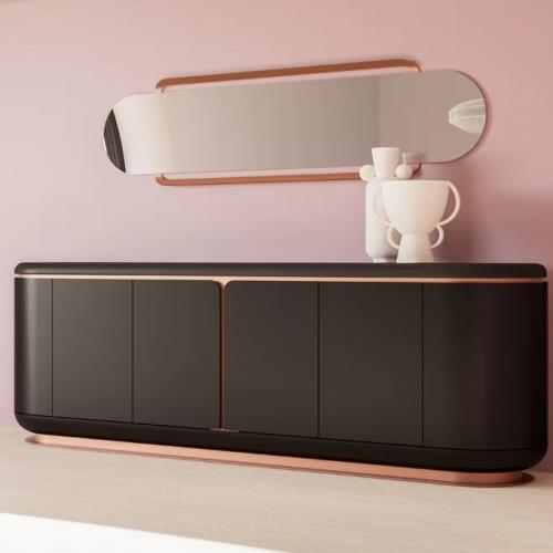 Buffet en bois massif finition noire et cuivre avec dessus en cuir - Meuble de luxe par Luxury Group International