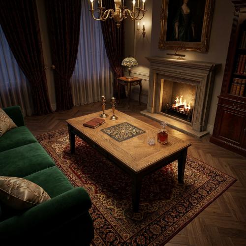 Table basse de luxe noire design avec plateau décoratif en chêne et rangement intégré par tiroir Vue lifestyle par Luxury Group International