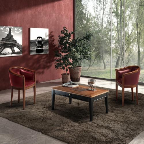 Table basse de luxe noire design avec plateau décoratif en chêne et rangement intégré par tiroir Vue lifestyle par Luxury Group International