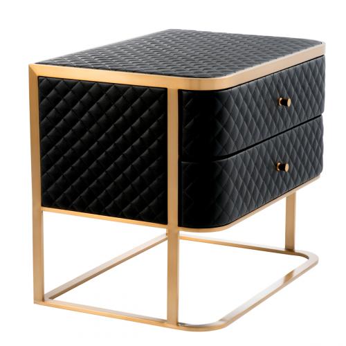 Luxury Black Faux Leather Diamond Quilted Nightstand with Brass Frame by Luxury Group International