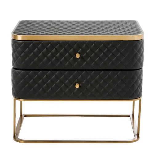 Luxury Black Faux Leather Diamond Quilted Nightstand with Brass Frame by Luxury Group International