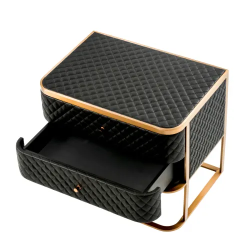 Luxury Black Faux Leather Diamond Quilted Nightstand with Brass Frame by Luxury Group International