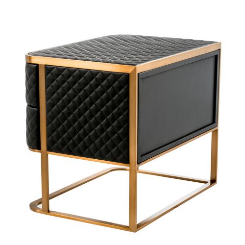 Luxury Black Faux Leather Diamond Quilted Nightstand with Brass Frame by Luxury Group International