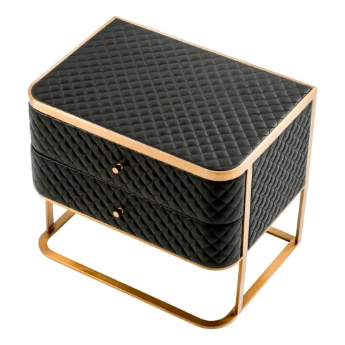 Luxury Black Faux Leather Diamond Quilted Nightstand with Brass Frame by Luxury Group International