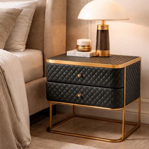 Luxury Black Faux Leather Diamond Quilted Nightstand with Brass Frame by Luxury Group International