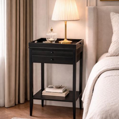 Luxury Black finish Rectangular Double Decker wooden Side Table with drawer by Luxury Group International
