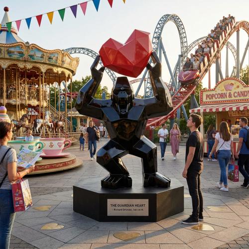 Luxury Black Geometric Gorilla Sculpture with Faceted Red Heart Design - Modern Sculpture Lifestyle View by Luxury Group International