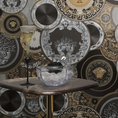 Versace Black/Gold Baroque Non-Woven artistic round ornaments Wallpaper by Luxury Group International