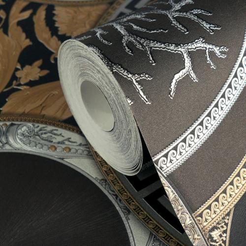 Versace Black/Gold Baroque Non-Woven artistic round ornaments Wallpaper by Luxury Group International