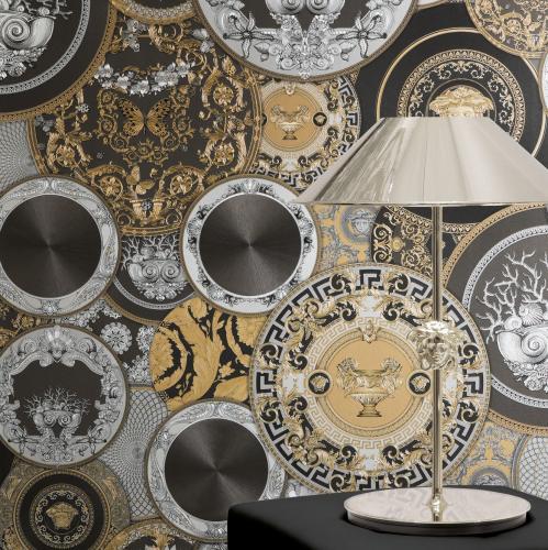 Versace Black/Gold Baroque Non-Woven artistic round ornaments Wallpaper by Luxury Group International